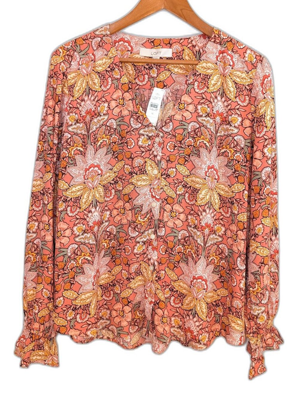 NWT LOFT | Button Front Peach Floral Top Long Sleeve | Size Medium - Picture 4 of 10